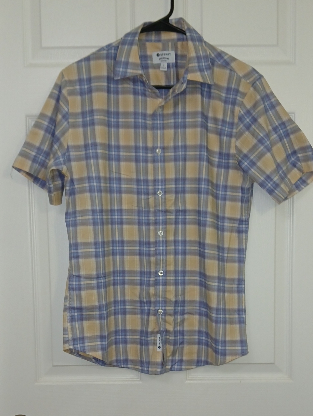 Sperry Blue and Beige Plaid Short-Sleeve Button Down Shirt